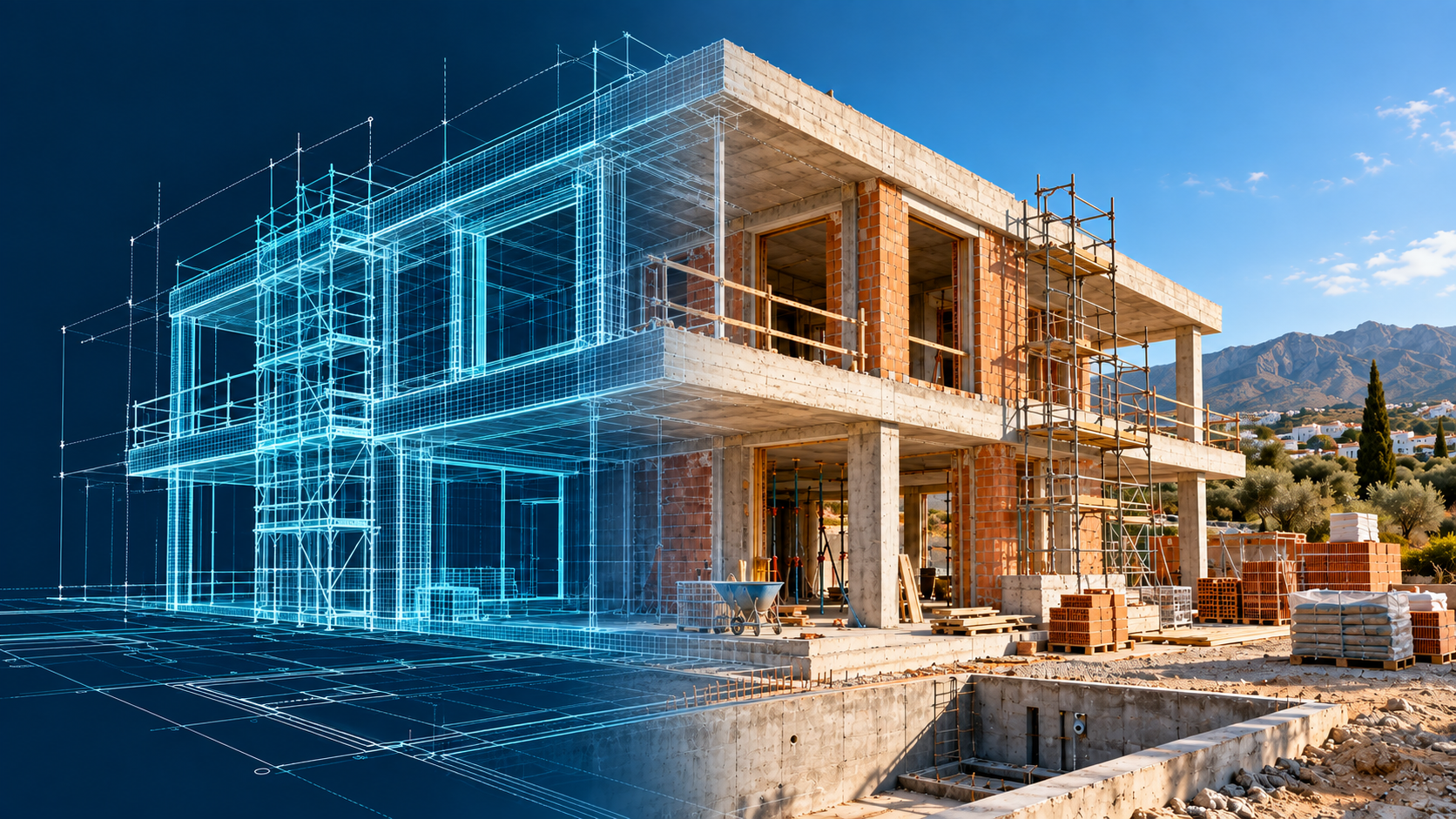 Ilustración conceptual: transición de un modelo arquitectónico 3D a una obra en construcción